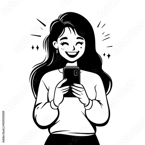 Black and White Silhouette or Line Art Illustration of Man or Woman Handing Mobile Phone - Communication Concept
