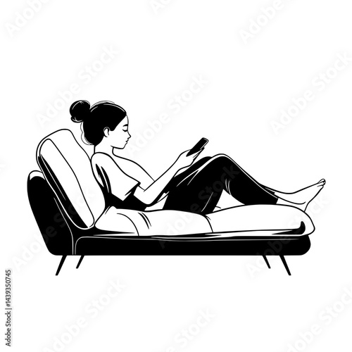 Black and White Silhouette or Line Art Illustration of Man or Woman Handing Mobile Phone - Communication Concept