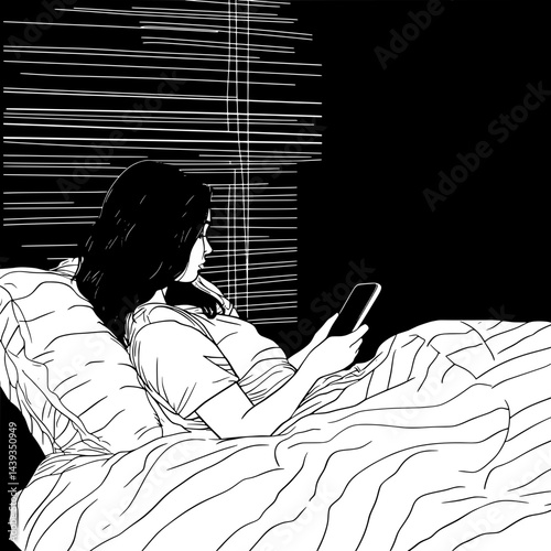 Black and White Silhouette or Line Art Illustration of Man or Woman Handing Mobile Phone - Communication Concept