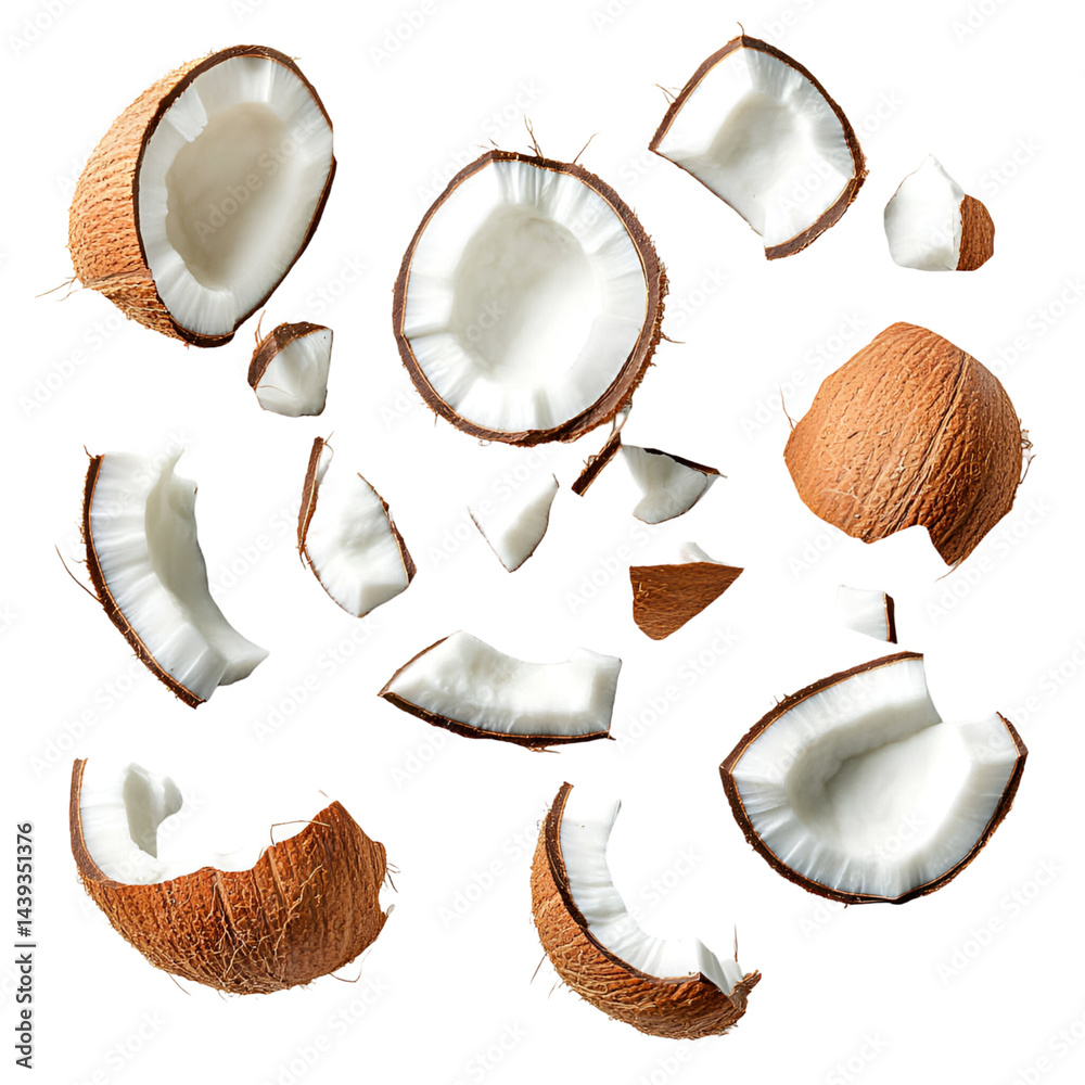 Fototapeta premium Scattered coconut pieces for food product backgrounds