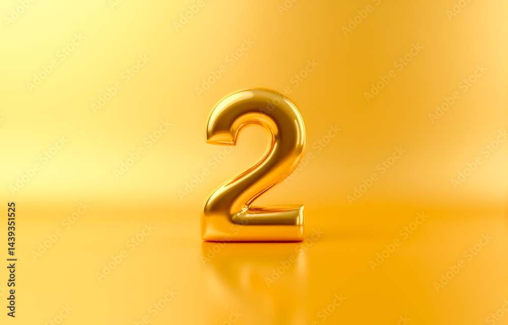 Naklejka premium Golden number two reflecting light on glossy yellow floor used for business content branding messages second place results or award 3d illustration