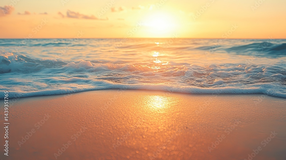 Fototapeta premium Serene ocean waves gently lapping golden sand beach sunset summer tropical paradise sea sky foam calm