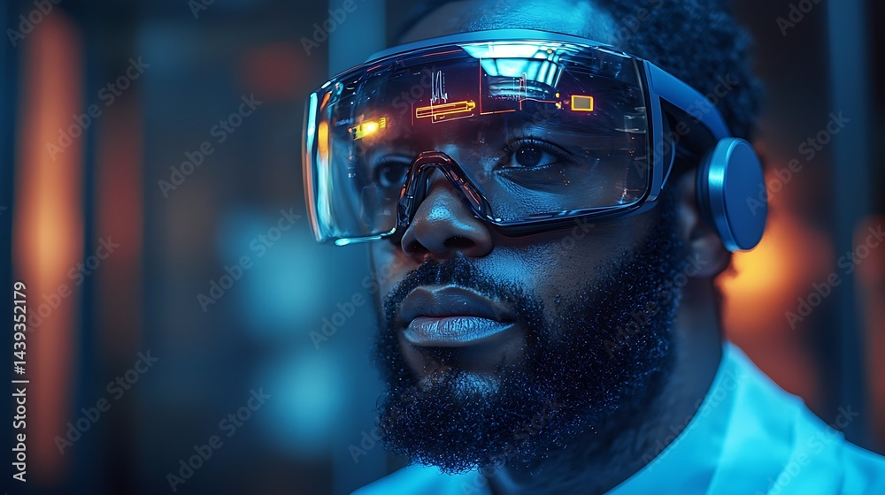 Futuristic Man Wearing Advanced Virtual Reality Headset in High-Tech Environment Futuristic Man Wearing Advanced Virtual Reality Headset in High-Tech Environment