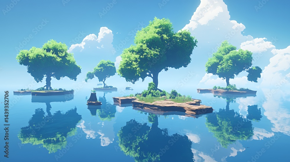 Serene landscape with green trees on floating islands and a calm reflective sea.