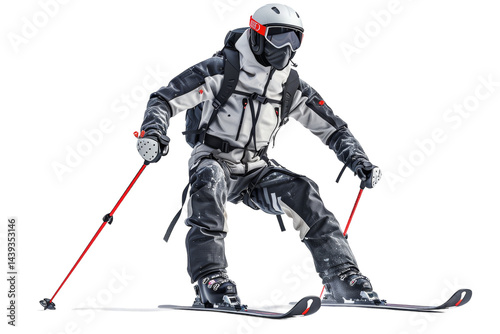 Original Skiing Performance with Futuristic Equipment Isolated On White Background.