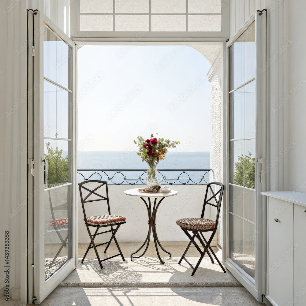 Fototapeta premium Bright balcony with small table, two chairs, and vase of flowers overlooking sea, creating serene and inviting atmosphere