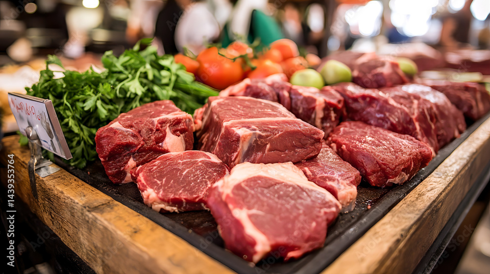 Fresh beef cuts displayed on a simple wooden table at a traditional market, Ai generated images. Fresh beef cuts displayed on a simple wooden table at a traditional market, Ai generated images.