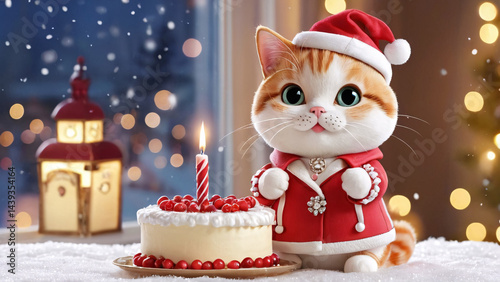 A cat in a Santa suit holds a candle by a Christmas cake