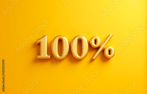 Shiny golden one hundred 100 percent symbol on bright yellow background ideal for guarantee quality rating loyalty business promotion success. 3d rendering