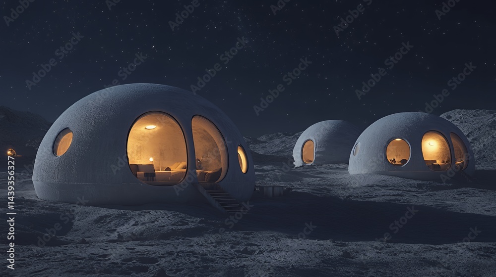Futuristic lunar habitats glowing under a starry night sky.
