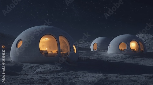 Obraz na płótnie Futuristic lunar habitats glowing under a starry night sky. w salonie