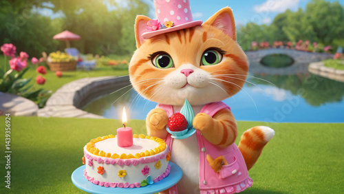A fluffy cat is holding a colorful birthday cake and a bright candle
