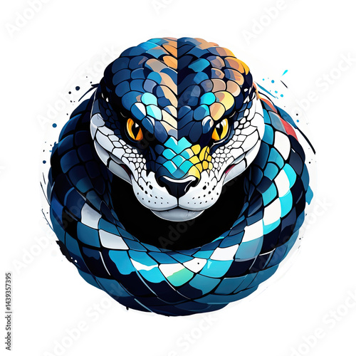 Detailed illustration of a coiled colorful snake art on transparent background