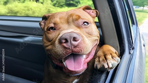 Happy dog enjoys a car ride with head out the window on a sunny day