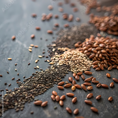 Assortment of Seeds and Grains on Dark Background
