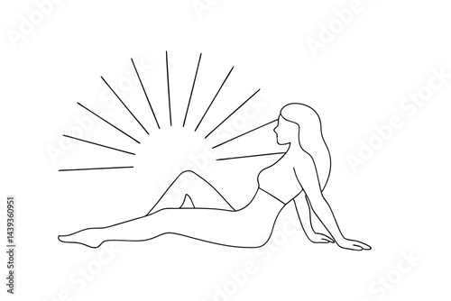 Minimalist outline illustration of woman sunbathing simple line art of a girl relaxing