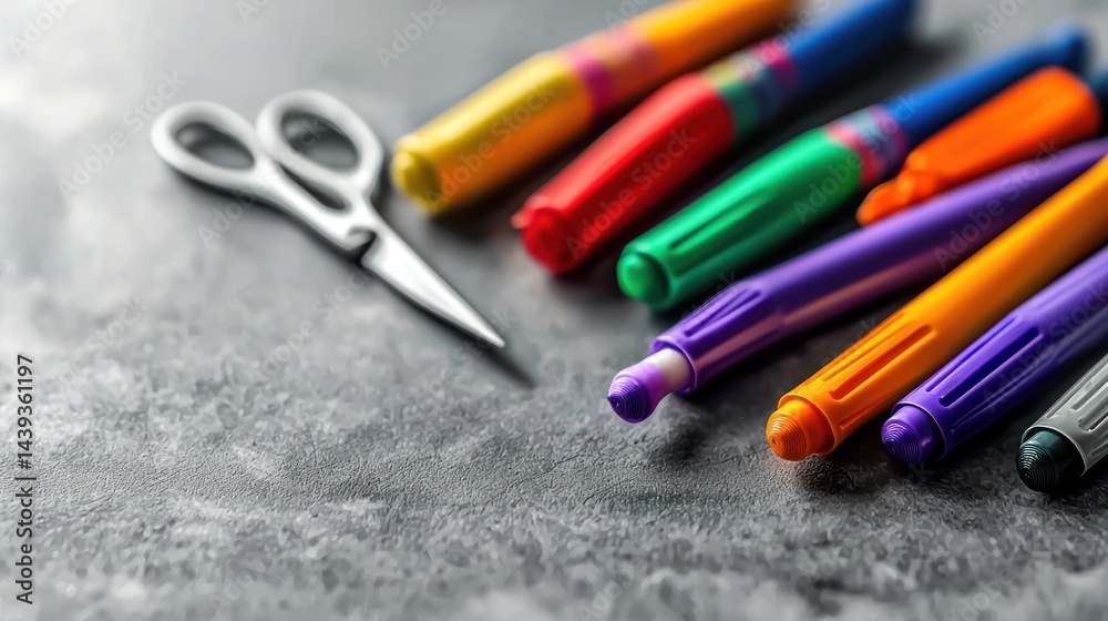 Fototapeta premium Colorful markers and scissors on a gray surface