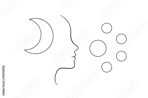 Minimalist line art of woman profile with moon and bubbles dreamy serene illustration