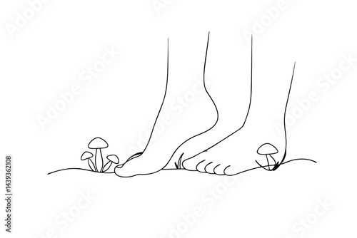 Minimalist line art of bare feet with mushrooms vector illustration for natural themes and wellness