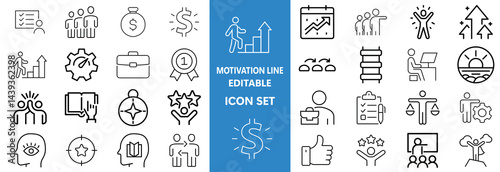 Motivation line editable icon set. Containing personal growth, goal setting, perseverance, achievement, teamwork, passion, thumbs up, and more. Vector illustration