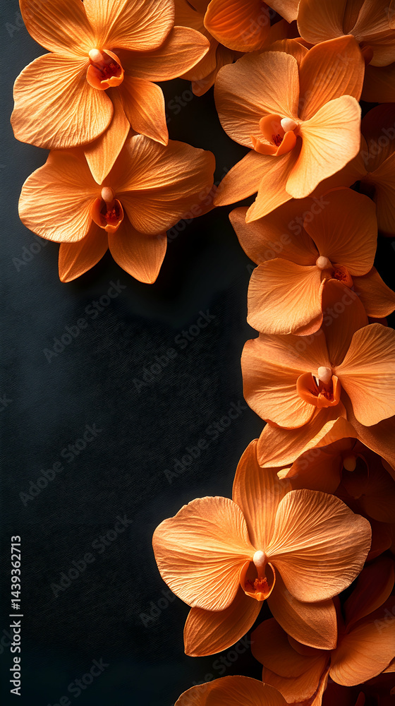 Obraz premium Peach orchids cascade against a dark background framing the image with delicate floral beauty