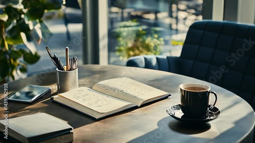 Cozy workspace in a sunlit area featuring a notebook, pens, and a cup of coffee, perfect for creative thinking