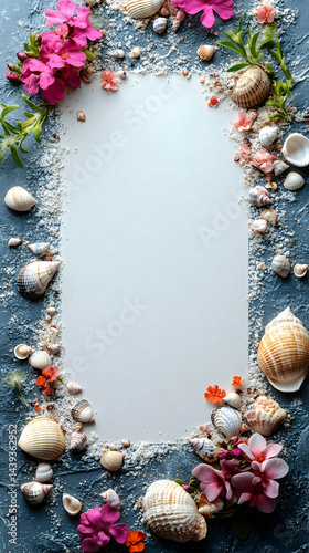 Seashells and vibrant pink flowers frame a blank canvas on a textured blue surface with sand