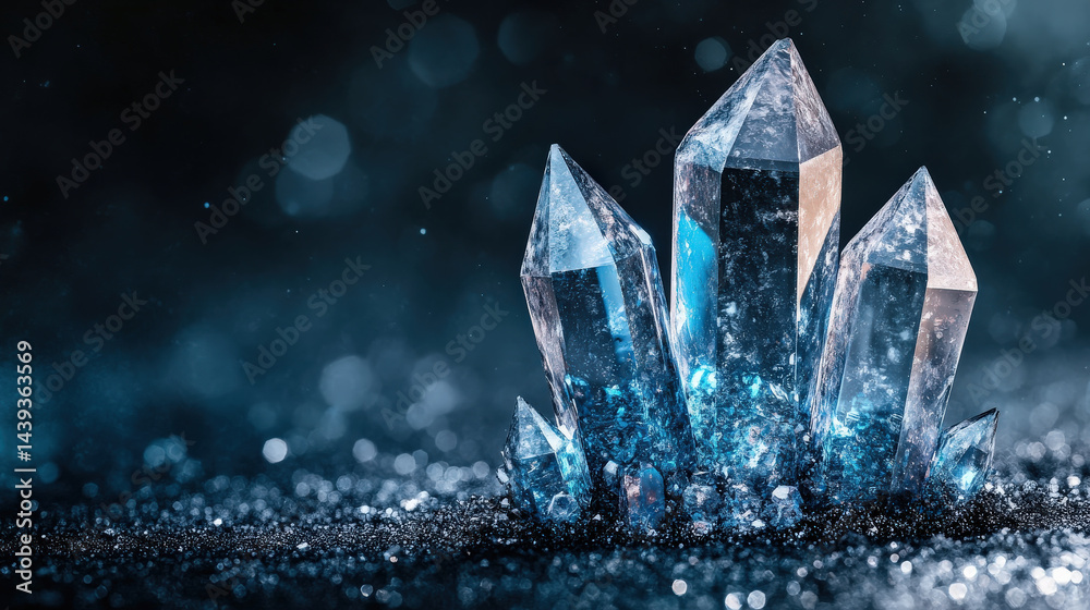 Obraz premium Cluster of clear quartz crystals stands out against dark, sparkling background, showcasing their natural beauty and intricate details. hyperdetailed closeup highlights mineral transparency