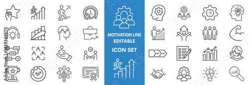Motivation line editable icon set. Containing personal growth, goal setting, perseverance, achievement, teamwork, passion, thumbs up, and more. Vector illustration