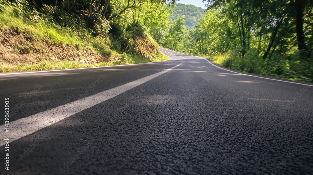 Fototapeta premium Winding mountain road through lush forest on a sunny day. Possible use travel, adventure, nature