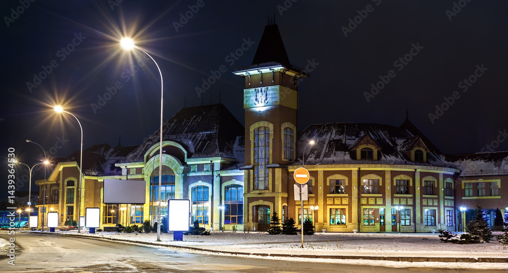 Uzhhorod railway station in Ukraine on a winter night