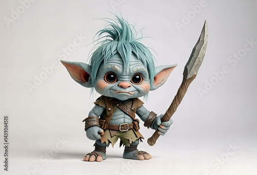 Minimalist chibi troll hunter character design, full body, isolated on white background.
