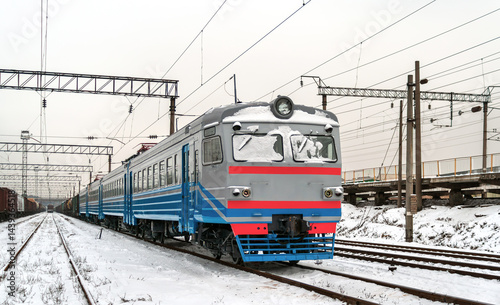 Obraz na płótnie Electric commuter train in winter in Kyiv, Ukraine w salonie