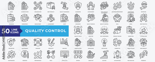 Quality Control icon set with accreditation, best product, quality assurance, achievement, process improvement, continuous improvement, quality service, quality control and maintenance