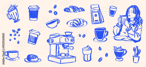 Hand Drawn Coffee Shop Clip Art, Coffee Cup,  Doodle Line Drawing Latte, Americano, Cappuccino, Street Coffee, Coffee Machine, Caffeine, Coffee Icons, Brunch Food Vector SVG