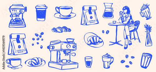 Hand Drawn Coffee Shop Clip Art, Coffee Cup,  Doodle Line Drawing Latte, Americano, Cappuccino, Street Coffee, Coffee Machine, Caffeine, Coffee Icons, Brunch Food Vector SVG