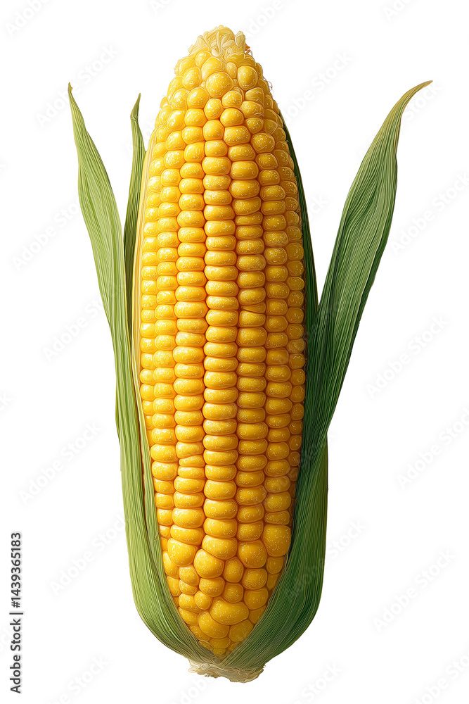 Obraz premium Single ear of corn, ultra sharp, natural textures, floating on a clear background, macro photography style, bright soft lighting