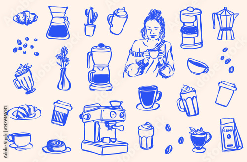 Hand Drawn Coffee Shop Clip Art, Coffee Cup,  Doodle Line Drawing Latte, Americano, Cappuccino, Street Coffee, Coffee Machine, Caffeine, Coffee Icons, Brunch Food Vector SVG