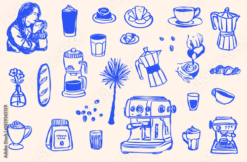 Hand Drawn Coffee Shop Clip Art, Coffee Cup,  Doodle Line Drawing Latte, Americano, Cappuccino, Street Coffee, Coffee Machine, Caffeine, Coffee Icons, Brunch Food Vector SVG