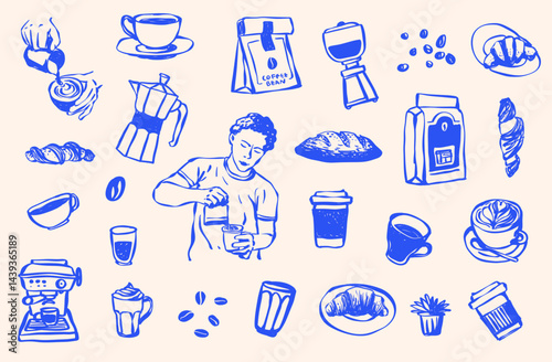 Hand Drawn Coffee Shop Clip Art, Coffee Cup,  Doodle Line Drawing Latte, Americano, Cappuccino, Street Coffee, Coffee Machine, Caffeine, Coffee Icons, Brunch Food Vector SVG