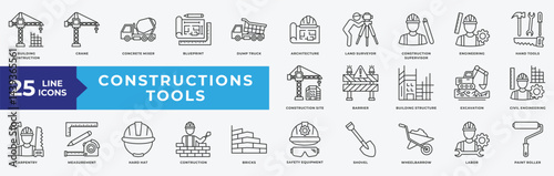 Construction Tools icon set with building construction, crane, concrete mixer, architecture, supervisor, engineering, hand tools, construction site, building structure and civil engineering