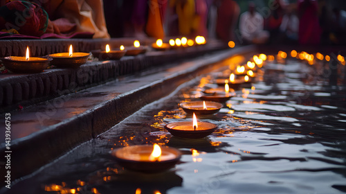 Oil lamp festival in India, close up view of river steps with diya lamps floating on water, people praying in traditional attire in background, Ai generated images.