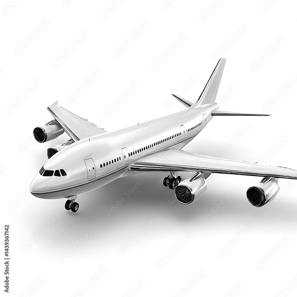 Obraz premium A 3D rendered model of a white airplane, isolated on a clean white background