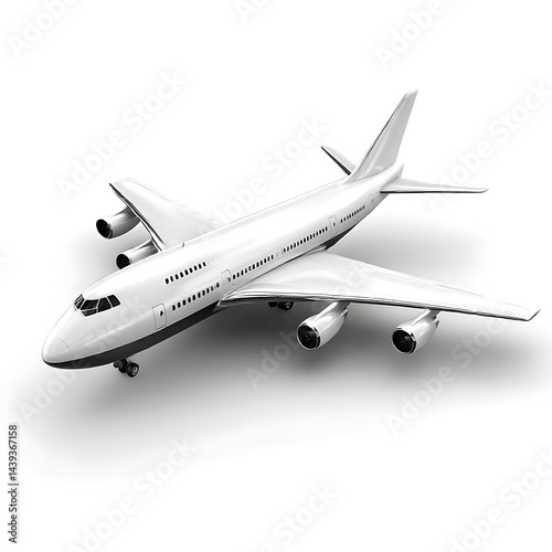 A 3D rendered model of a white airplane, isolated on a clean white background