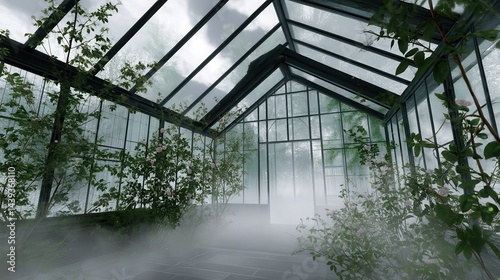 An abandoned Victorian greenhouse, overrun by black roses and thorny vines, mist filling the cracked glass ceiling, photorealistic, gothic style. photo
