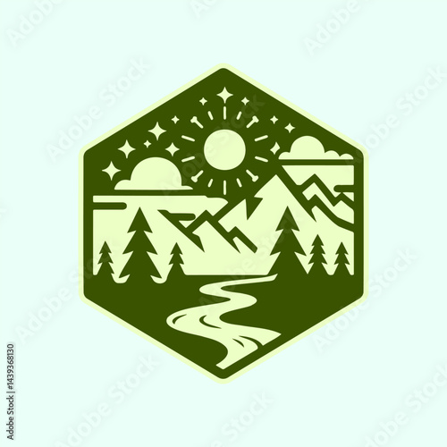 hexagon cube shape with views of mountains, pine trees and rivers