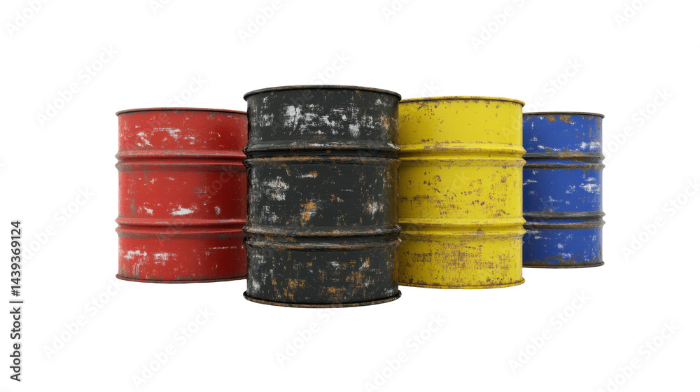 Collection of Colorful Vintage Rusty Metal Barrels in Red Yellow Black and Blue with Distressed Finish