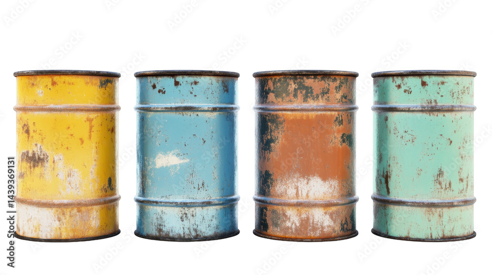 Collection of Four Rusted Vintage Barrels in Various Colors Isolated on Transparent Background