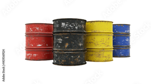 Obraz na płótnie Collection of Colorful Vintage Rusty Metal Barrels in Red Yellow Black and Blue with Distressed Finish w salonie