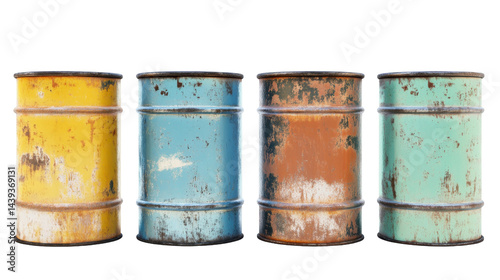 Obraz na płótnie Collection of Four Rusted Vintage Barrels in Various Colors Isolated on Transparent Background w salonie